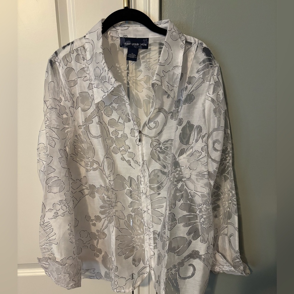 Susan Graver XL Floral Sheer Zip-Up Blouse